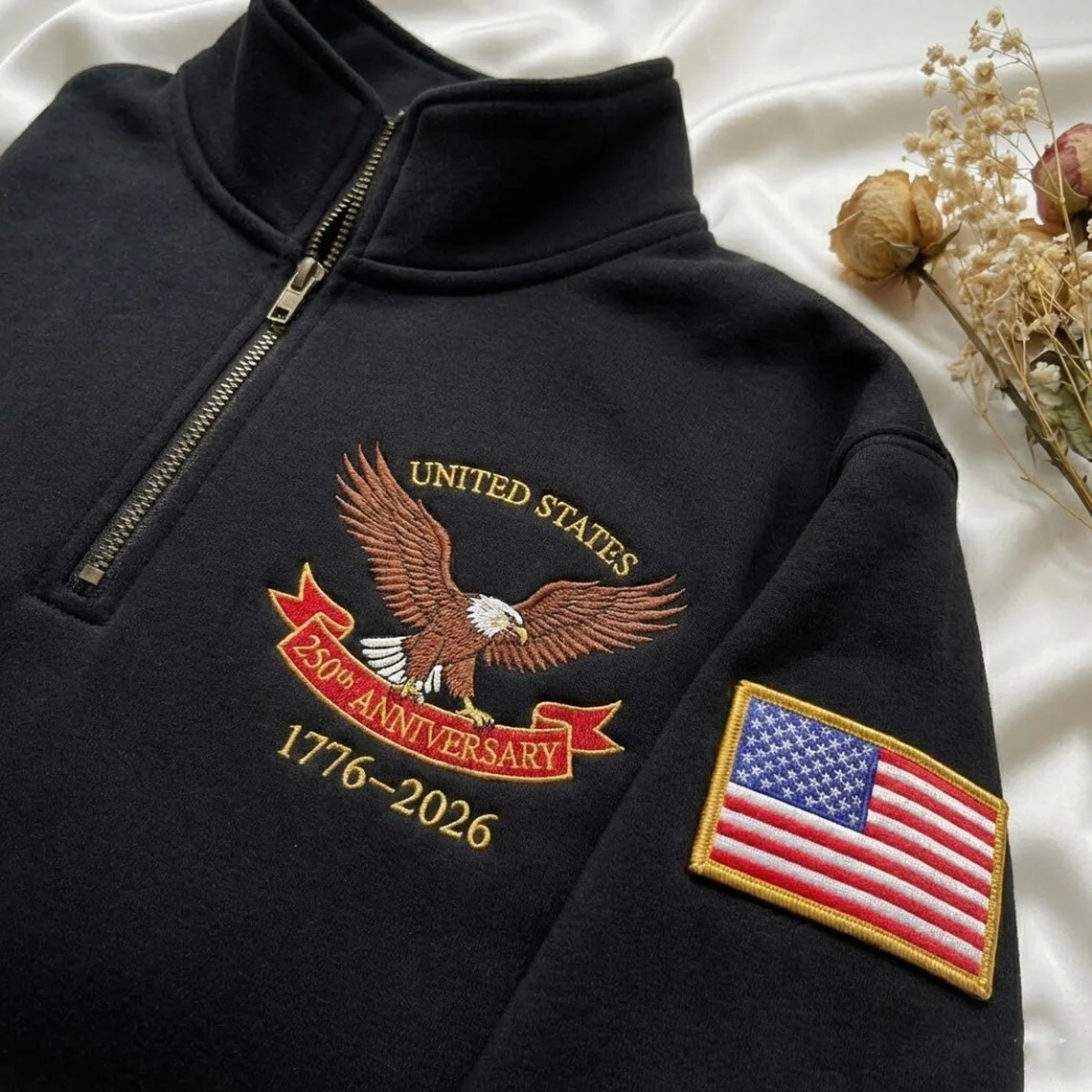 Embroidered USA 250th Anniversary Quarter-Zip Sweatshirt, Hoodie Sweatshirt T-Shirt - Image 5