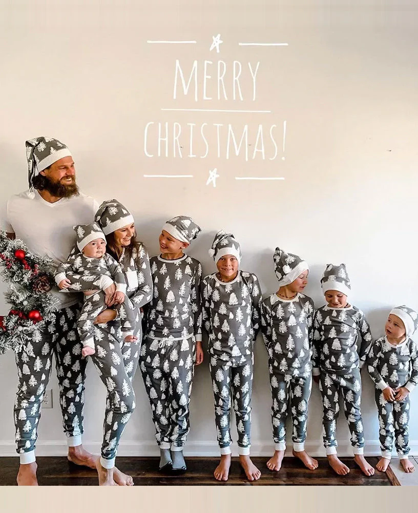 Gray & White Christmas Tree Print Matching Family Christmas Pajamas-Hats Included