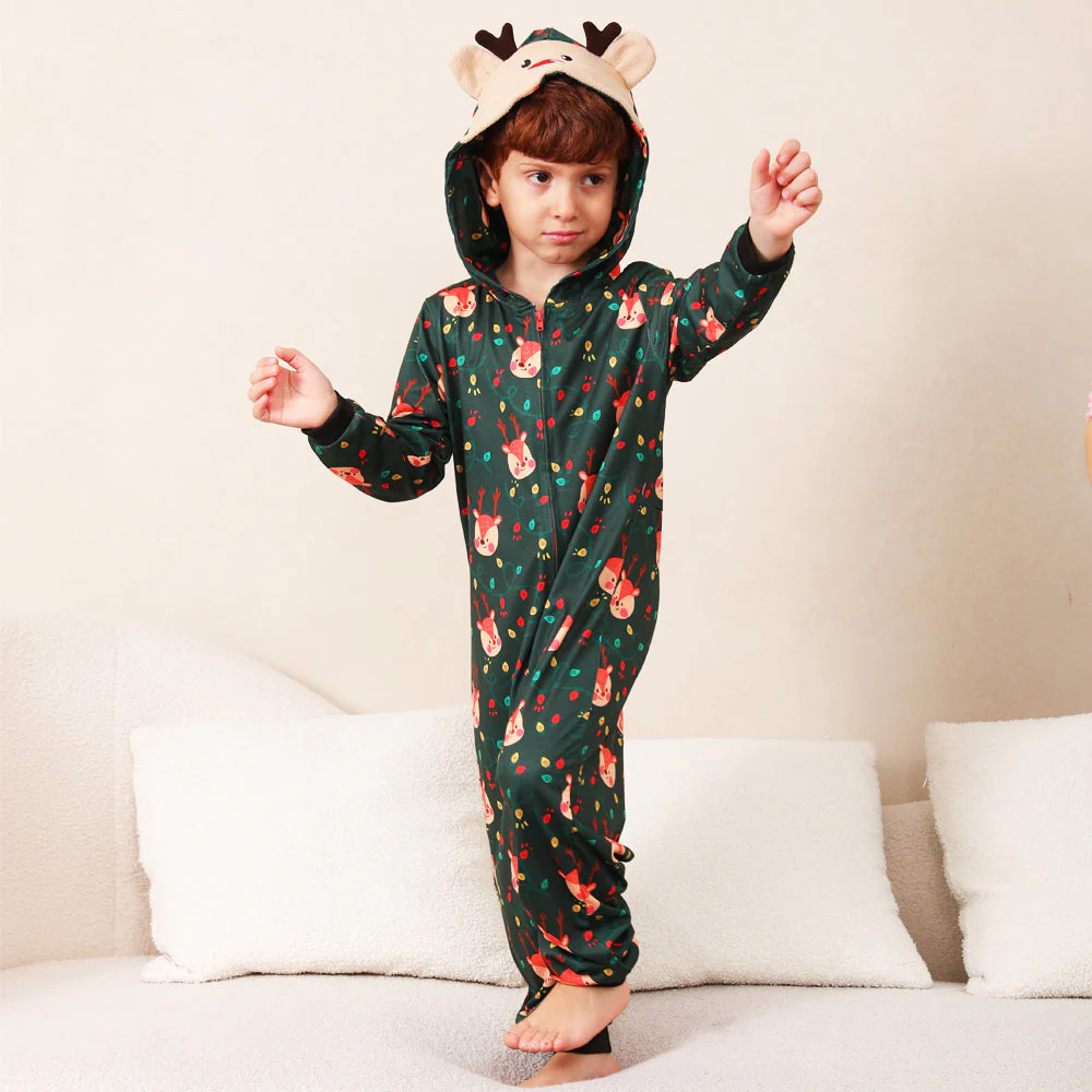 Green Fox and Christmas Llight Bulb Matching Family Christmas Pajamas Onesies - Image 8