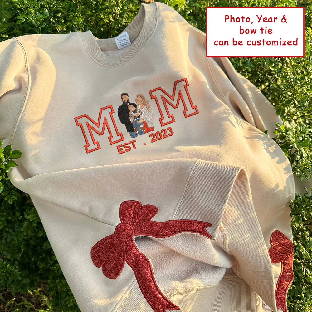 Christmas Personalized Embroidered Family Photo With Glitter Bow Hoodie Sweatshirt T-Shirt - Image 4