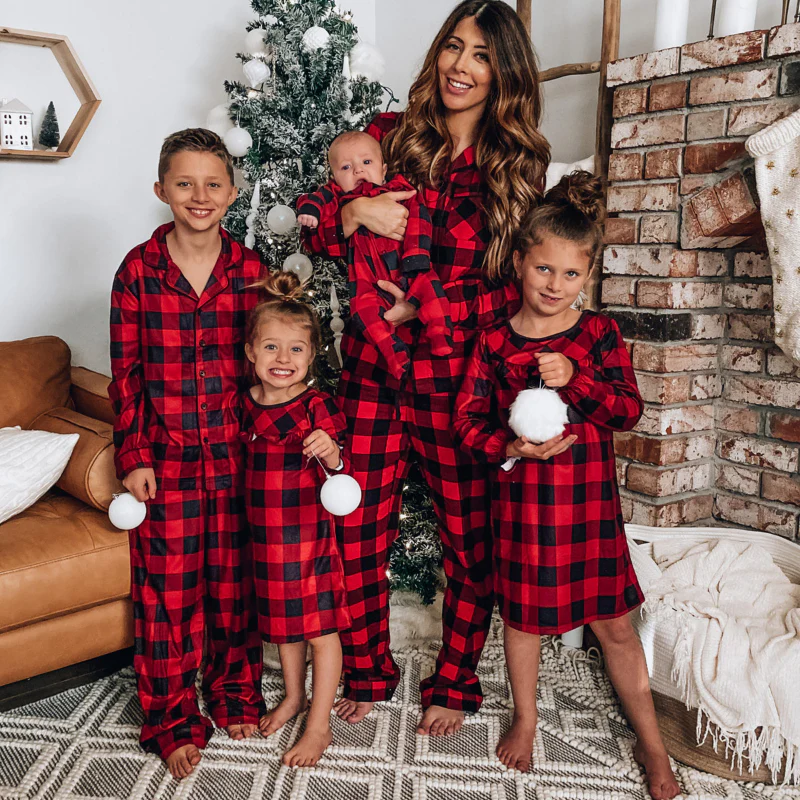 Red Plaid Stand Collar Matching Family Christmas Pajamas - Image 2
