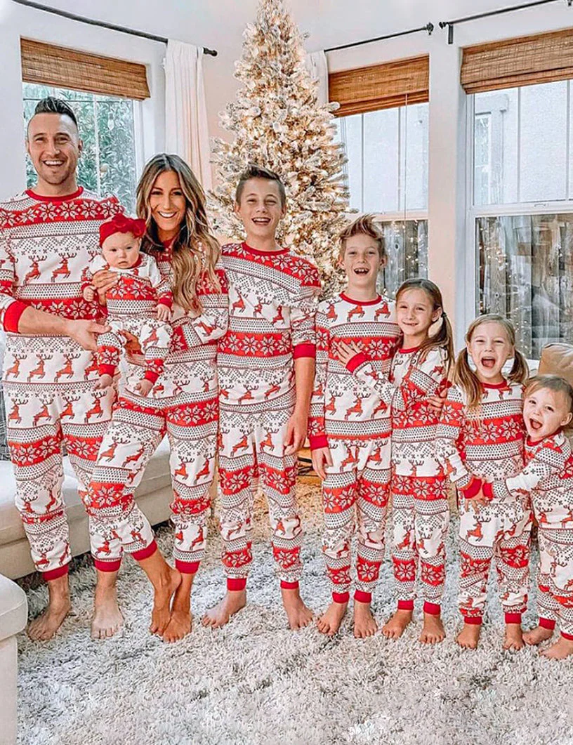 Red Reindeer Print Matching Family Christmas Pajamas-Dog Pajamas Included - Image 3